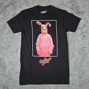 Christmas Story Shirt Mens Small Black Pink Bunny PJs Black Graphic Short Sleeve